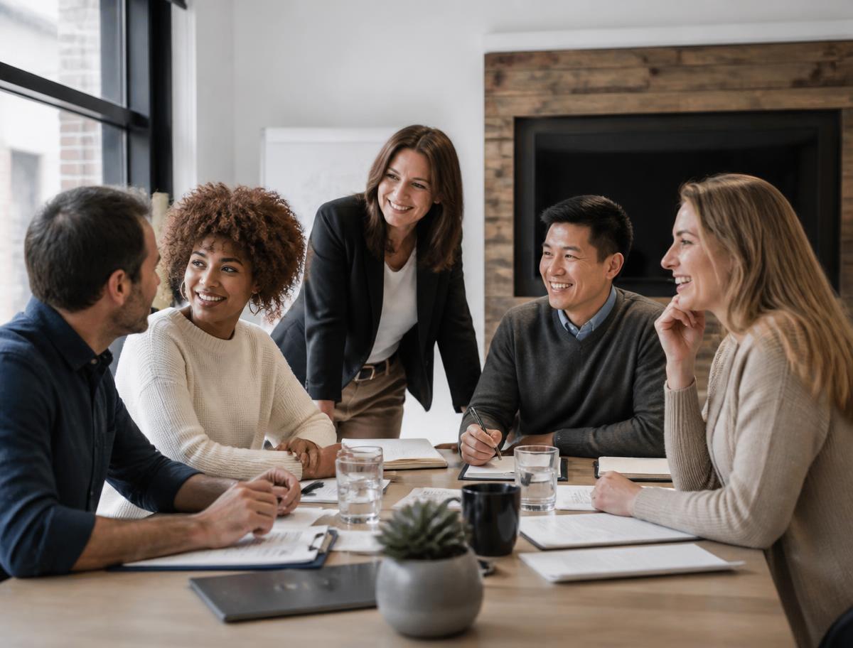 A small business team meeting around a table in a bright office