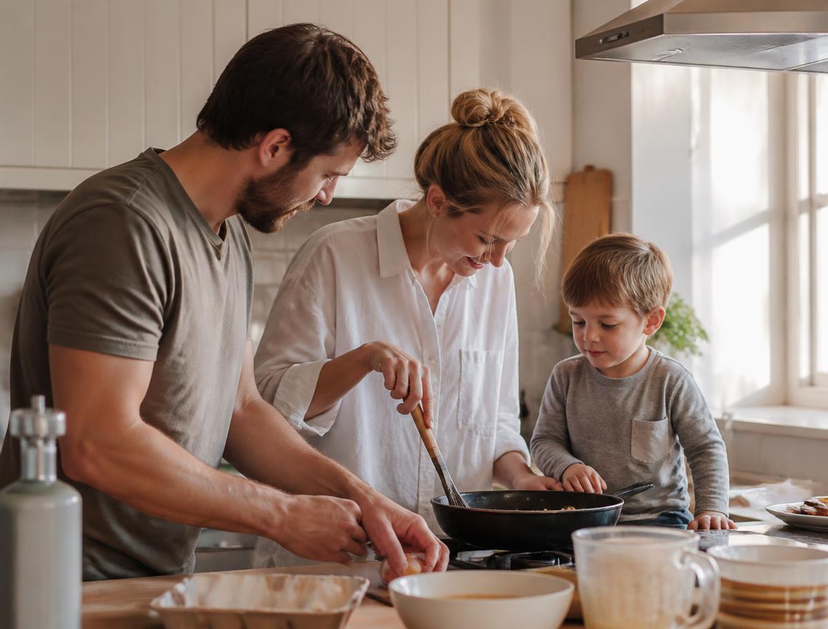 A young family cooking together in a sunlit kitchen