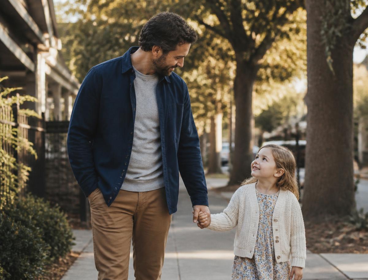 A father and daughter walking hand in hand on a tree-lined sidewalk